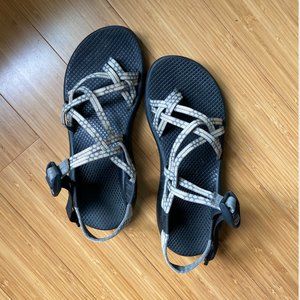 Grey and white strappy Chacos!